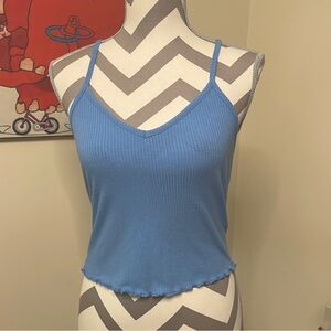 Destined Soft Blue Large Crop Top Ribbed Frilled Bottom Hem